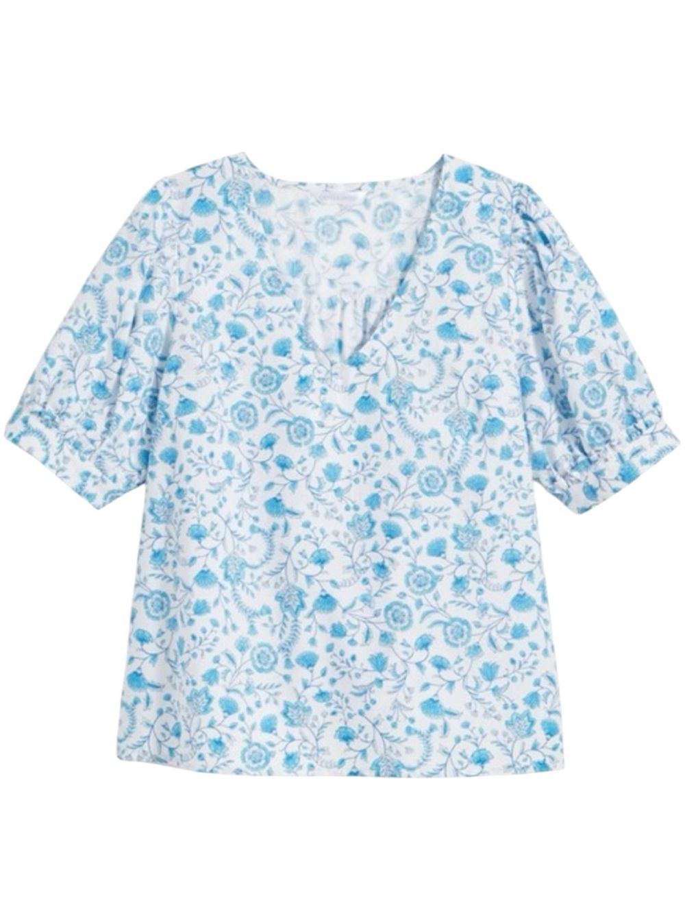 Draper James White and Blue Floral V-Neck Puff Sleeve Top Size Small Cottagecore